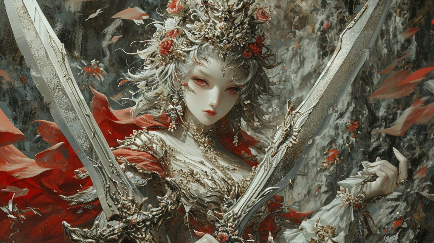 薔薇の冠とバロック調アーマーの女性戦士
