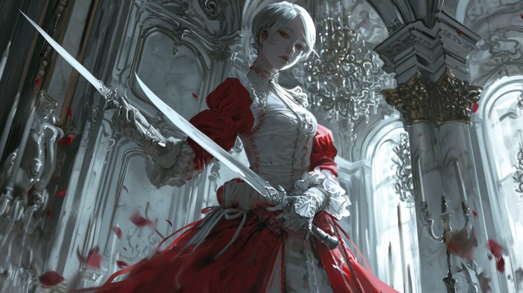 紅き血とゴシックの影 - 壮麗なる宮殿に立つ謎の女戦士