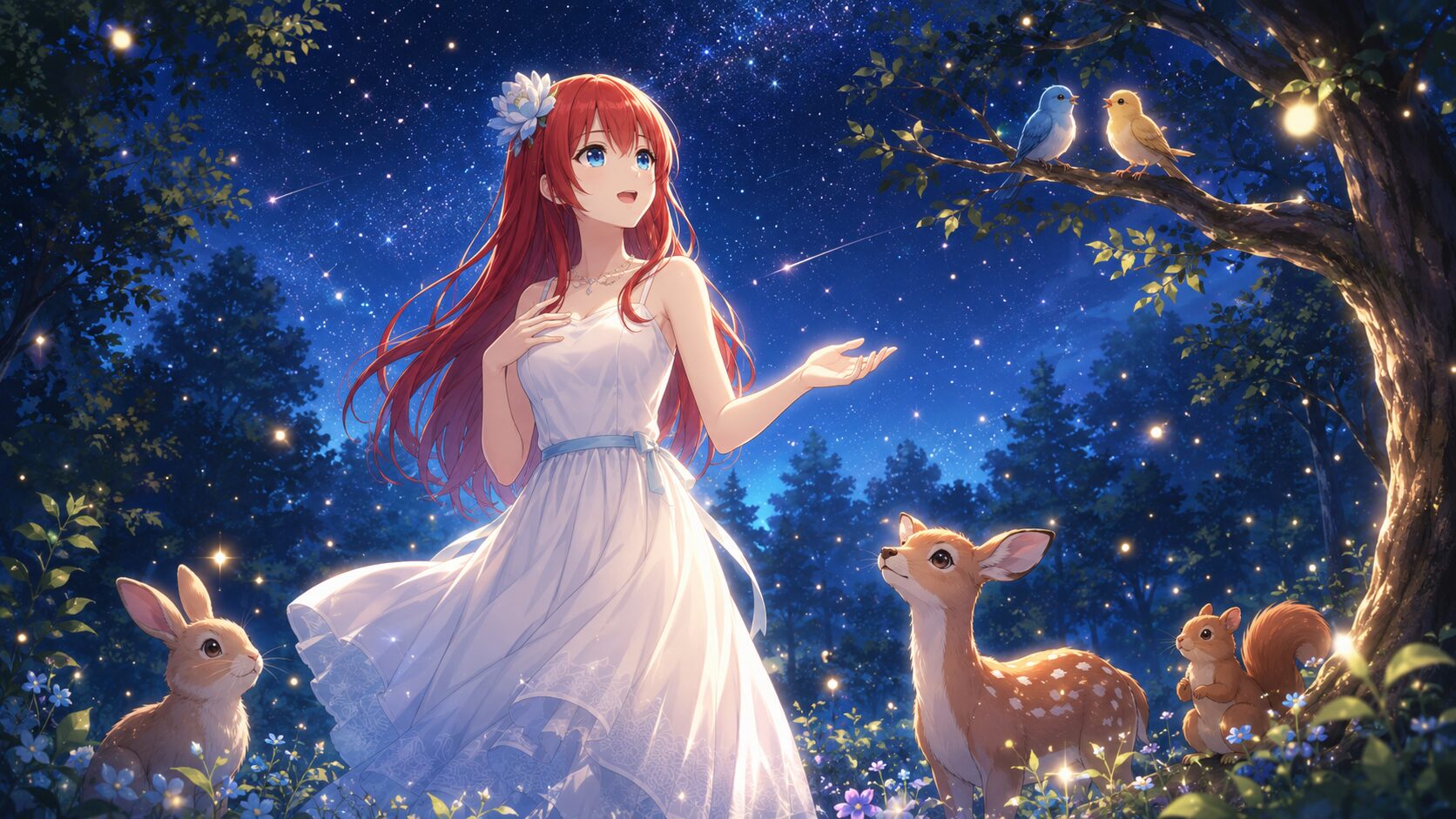 星空の森で歌う女神アテナと2羽の鳥、目覚める動物たち