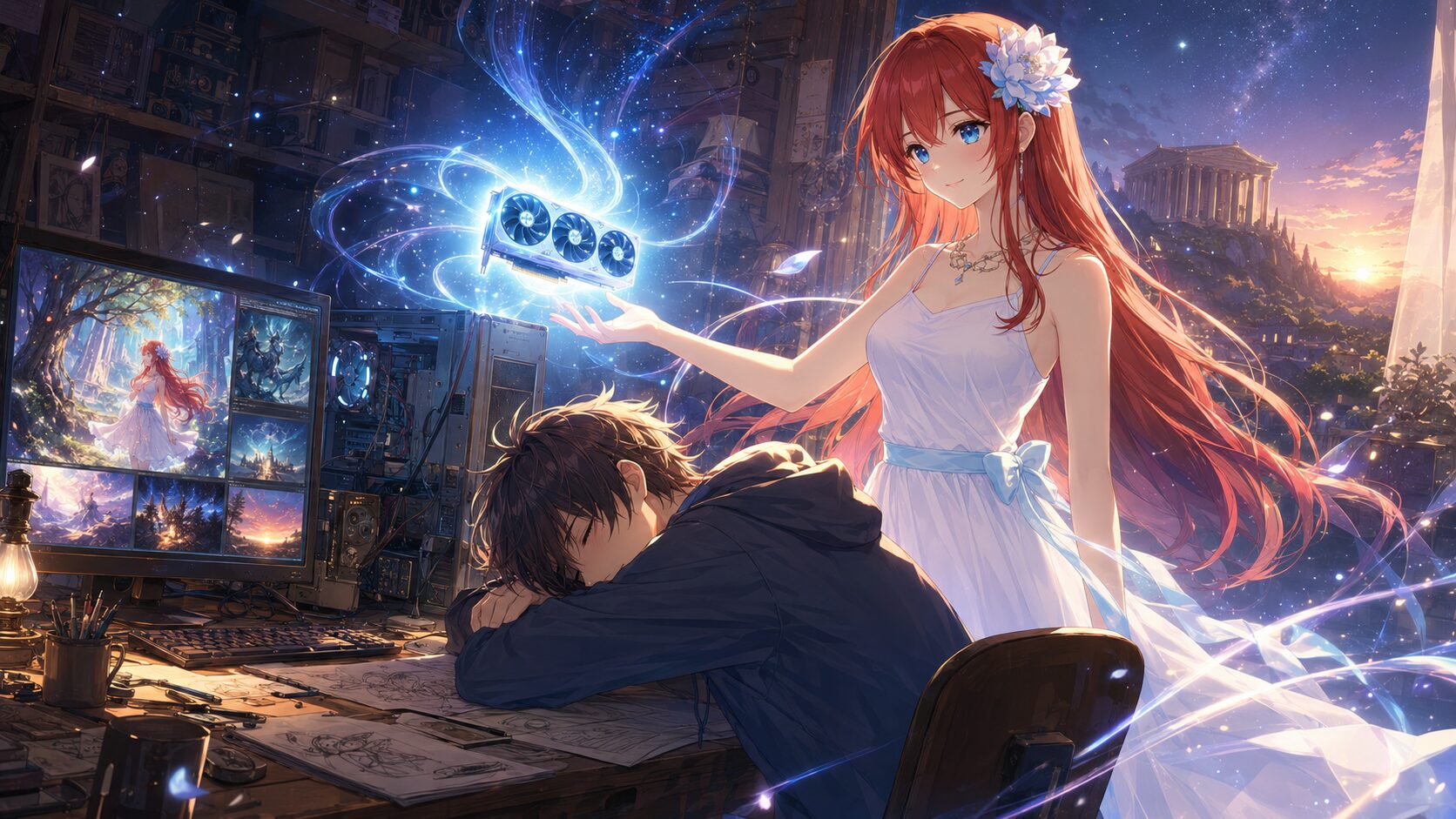 アテナ様が眠るカズキに新しい心臓（RTX 5070 Ti）を授ける挿絵