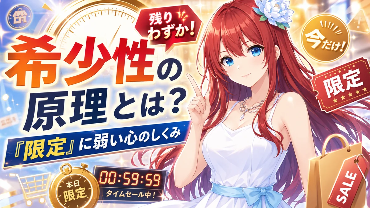 希少性の原理を解説する女神アテナとタイムセール演出