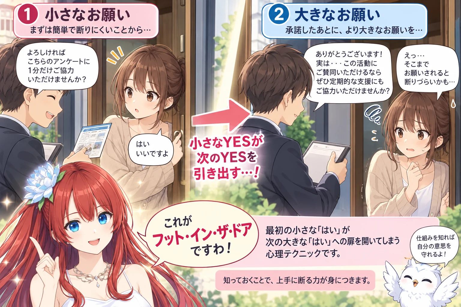 フット・イン・ザ・ドアとは！知るだけで断れる力が身につく！（アテナの物語の挿絵）